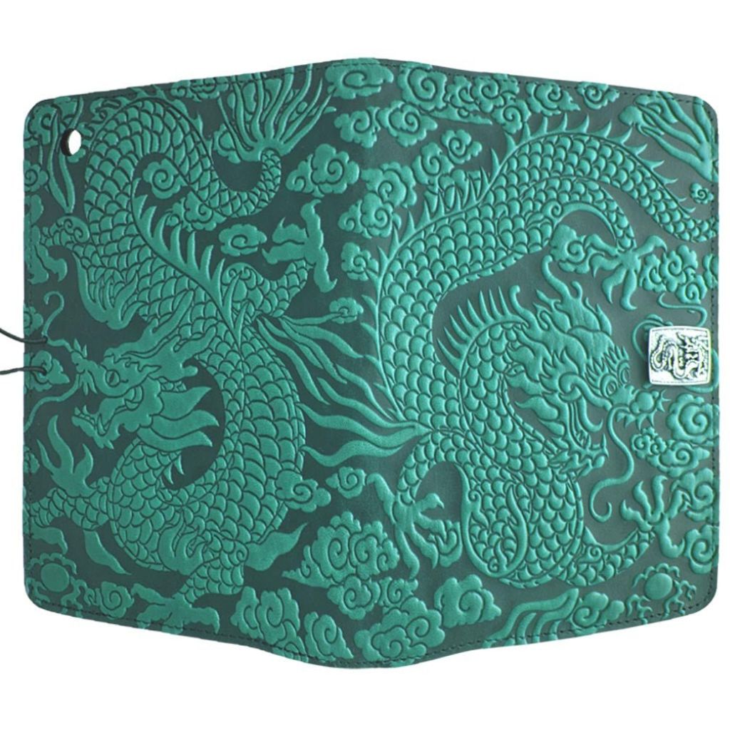 Oberon Design Leather iPad Mini Cover, Case, Cloud Dragon, Teal - Open