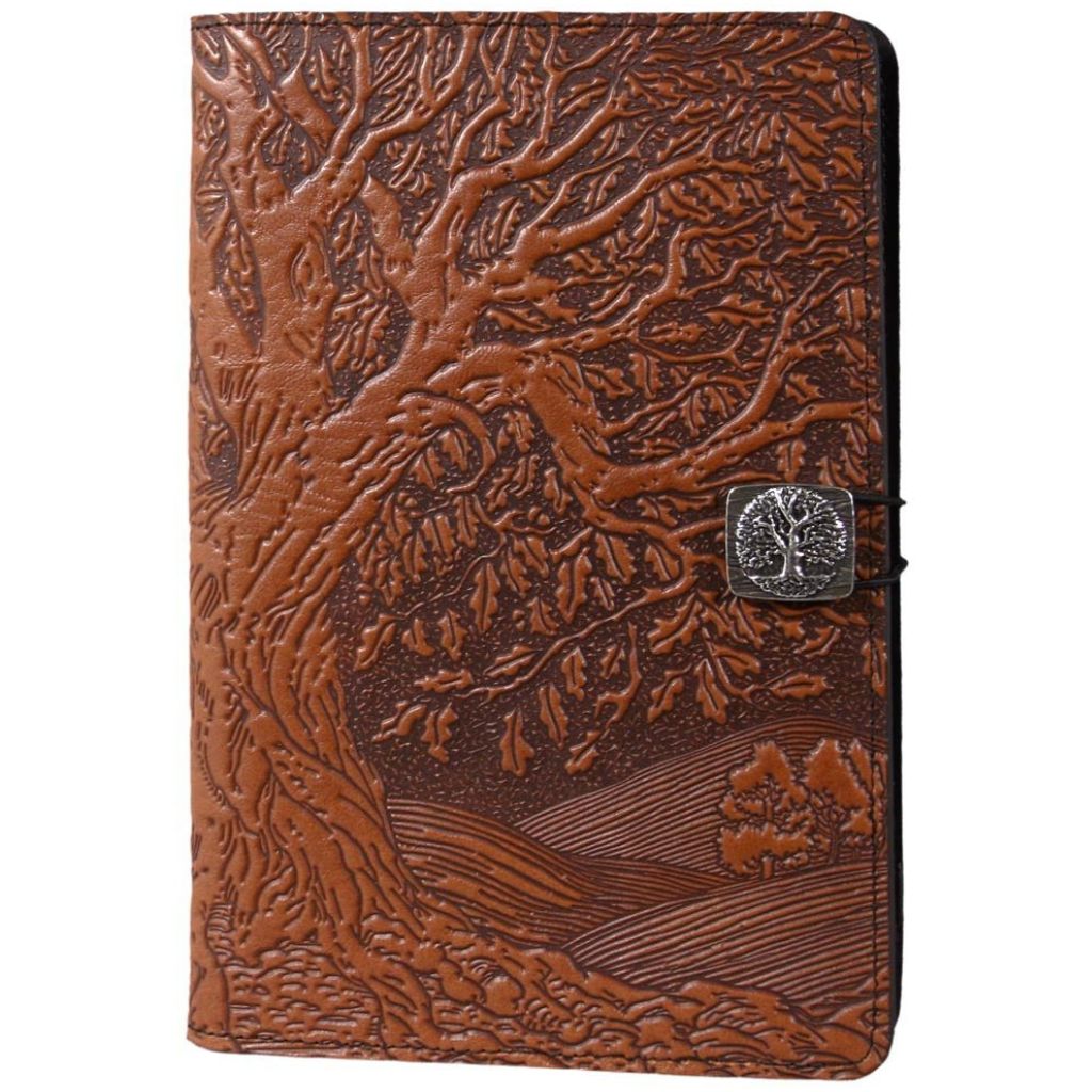 Oberon Design Leather iPad Mini Cover, Case, Tree of Life, Saddle