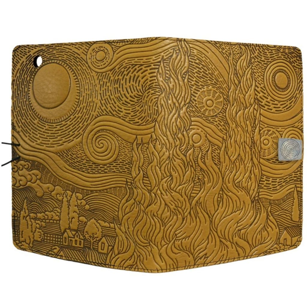 Oberon Design Leather iPad Mini Cover, Case, Van Gogh's Sky, Marigold - Open