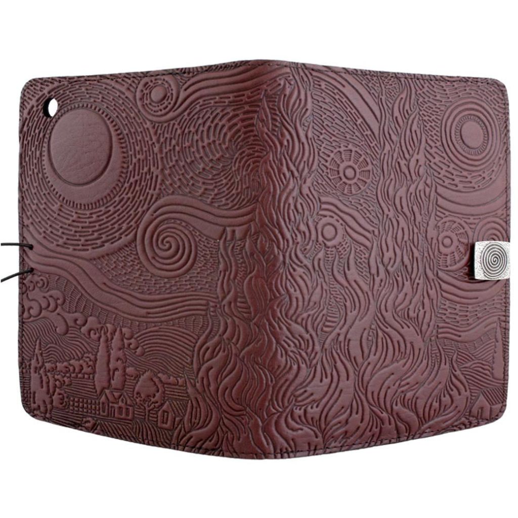 Oberon Design Leather iPad Mini Cover, Case, Van Gogh's Sky, Wine - Open
