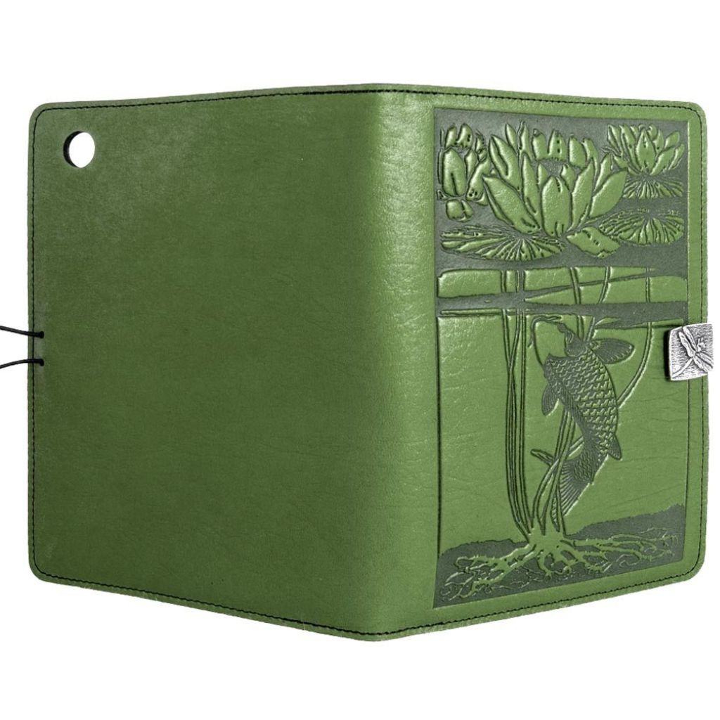 Oberon Design Leather iPad Mini Cover, Case, Water Lily Koi, Fern - Open