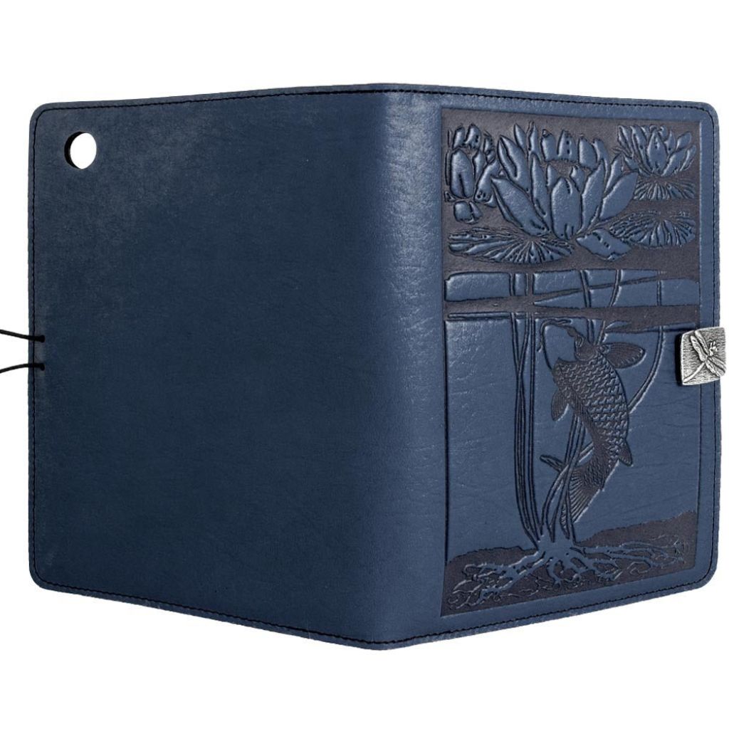 Oberon Design Leather iPad Mini Cover, Case, Water Lily Koi, Navy - Open