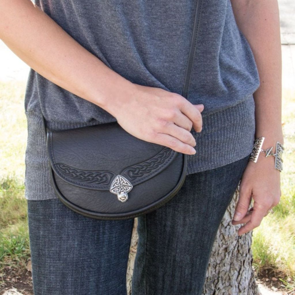 Oberon Design Leather Women's Crossbody Handbag, Black Celtic Lilah, Model