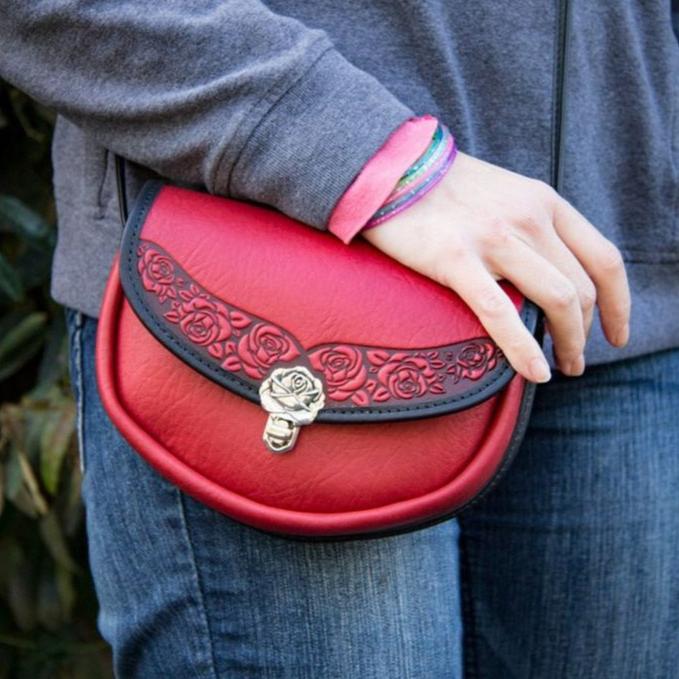 Oberon Design Leather Women's Crossbody Handbag, Rose Lilah, Red, Model