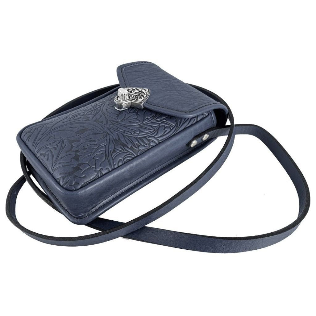 Oberon Design Leather Women's Cell Phone Handbag, Molly, Acanthus Leaf Navy with Strap