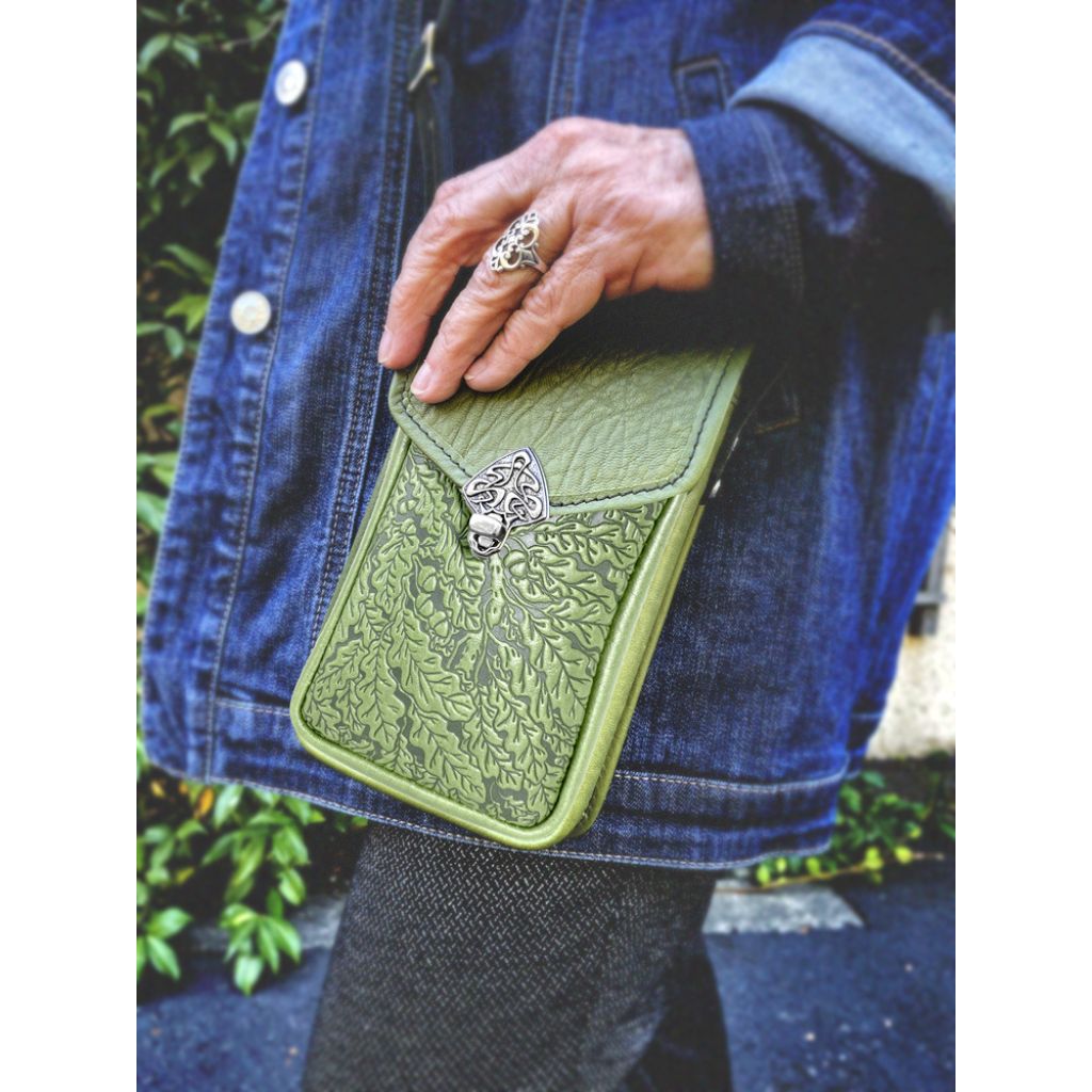 Oberon Design Leather Women's Handbag, Molly, Oak Leaves, Fern Modeled