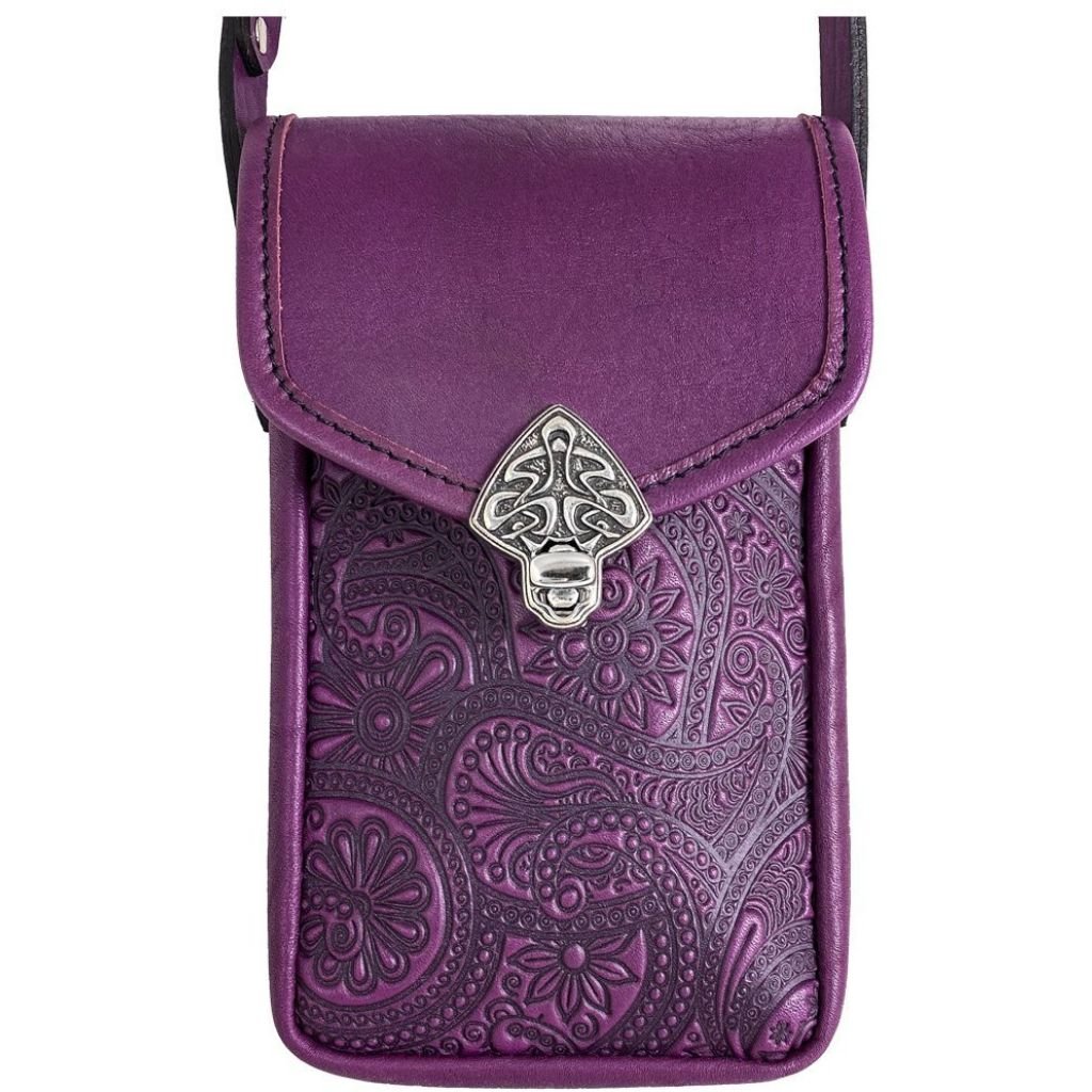 Small Leather Women's Handbag, Back Phone Pocket, Paisley in Orchid