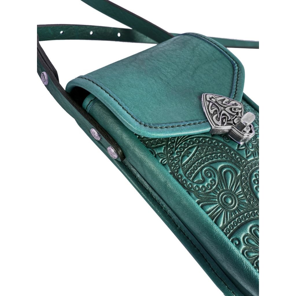 Small Leather Women's Handbag, Paisley in Teal Detail