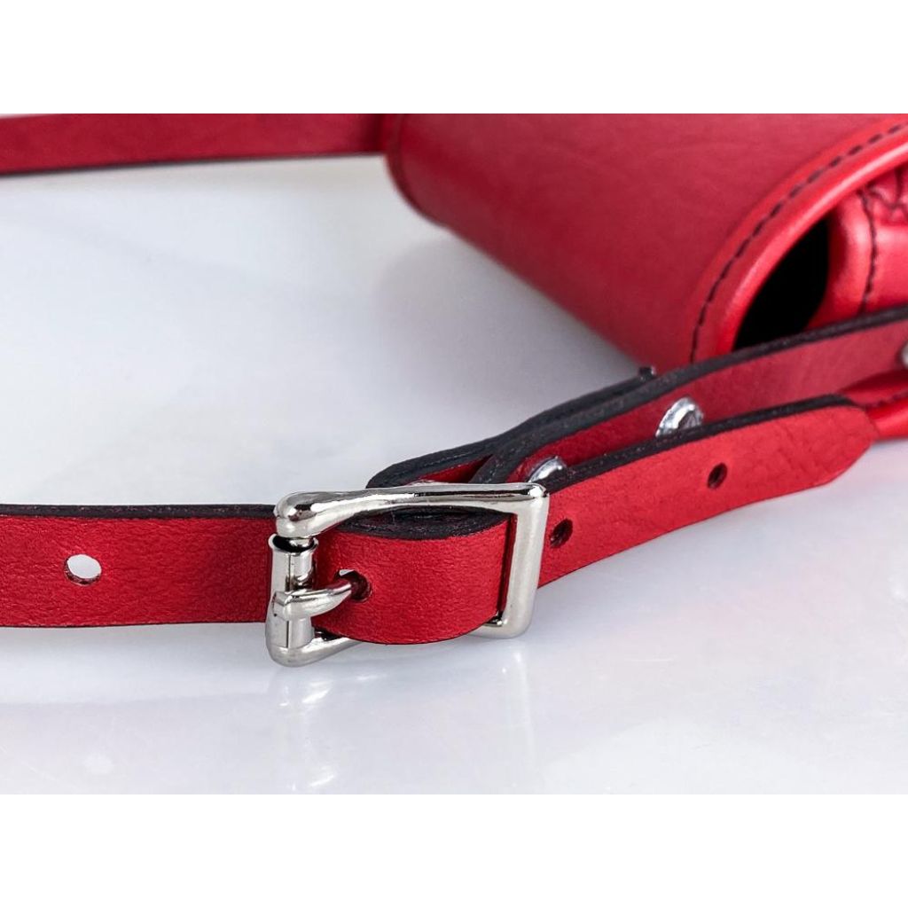 Leather Women's Cross-Body Cell Phone Handbag, Buckle Detail, Red