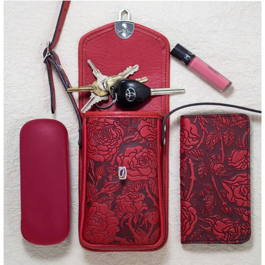 Oberon Design Leather Women's Handbag, Molly, Wild Rose in Red Contents