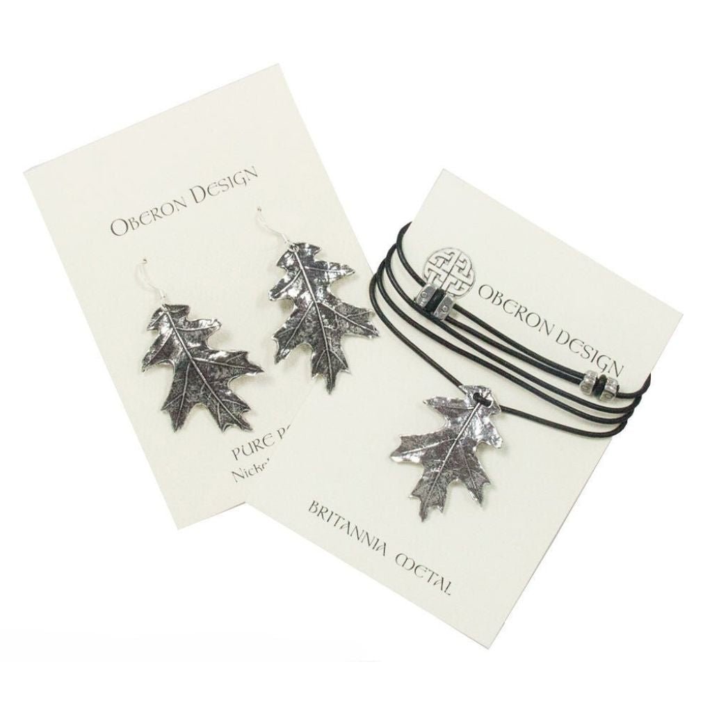 Oberon Design Oak Leaf Jewelry Set, Hand Cast Necklace & Earrings, Cards