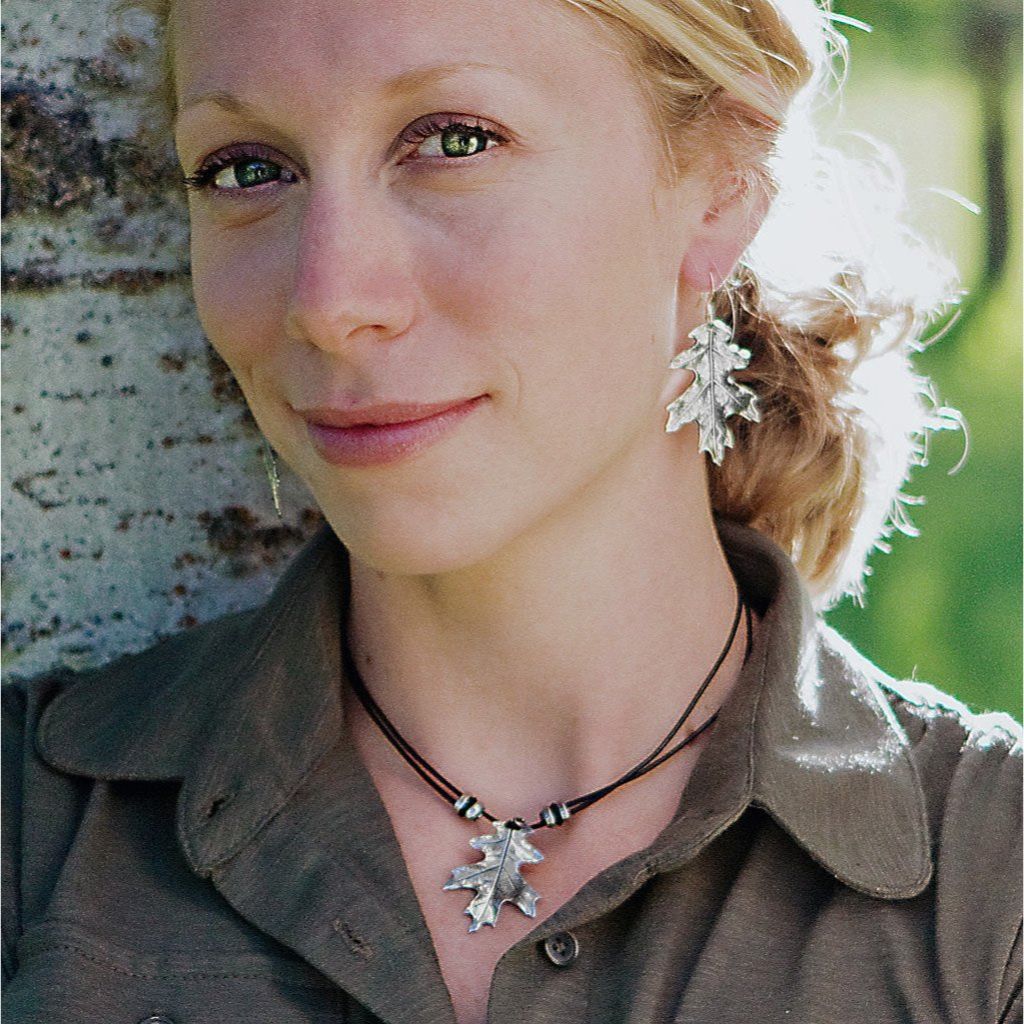 Oberon Design Oak Leaf Jewelry Set, Hand Cast Necklace & Earrings, Model