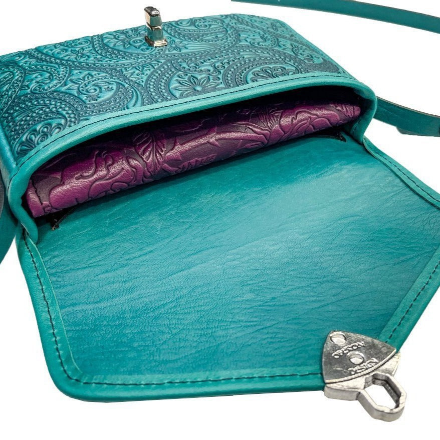 Oberon Design Leather Women's Cell Phone Handbag, Becca, Paisley, Teal Interior