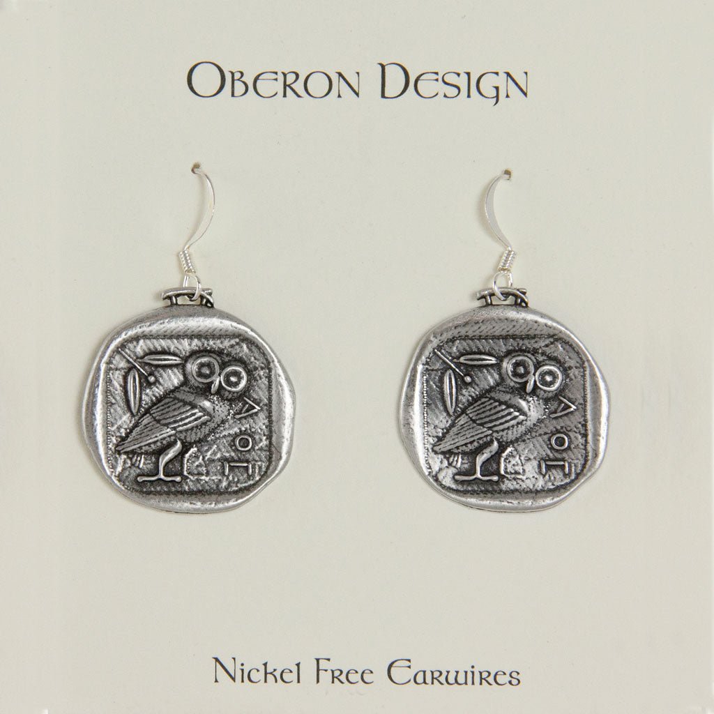 Oberon Design Britannia Metal Jewelry, Earrings, Athena's Owl, Card