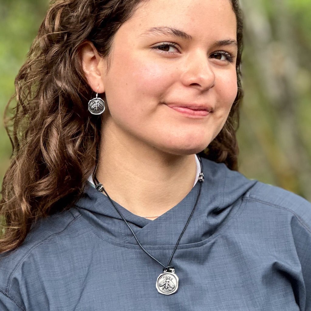 Oberon Design Britannia Metal Jewelry, Earrings, Honey Bee, Model With Necklace
