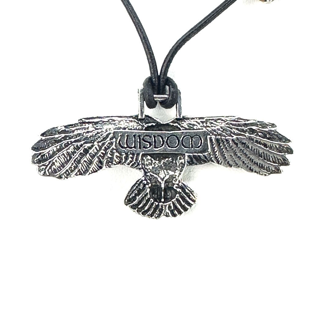 Oberon Design Owl Hand-Cast Britannia Metal Necklace, Back - "Wisdom"