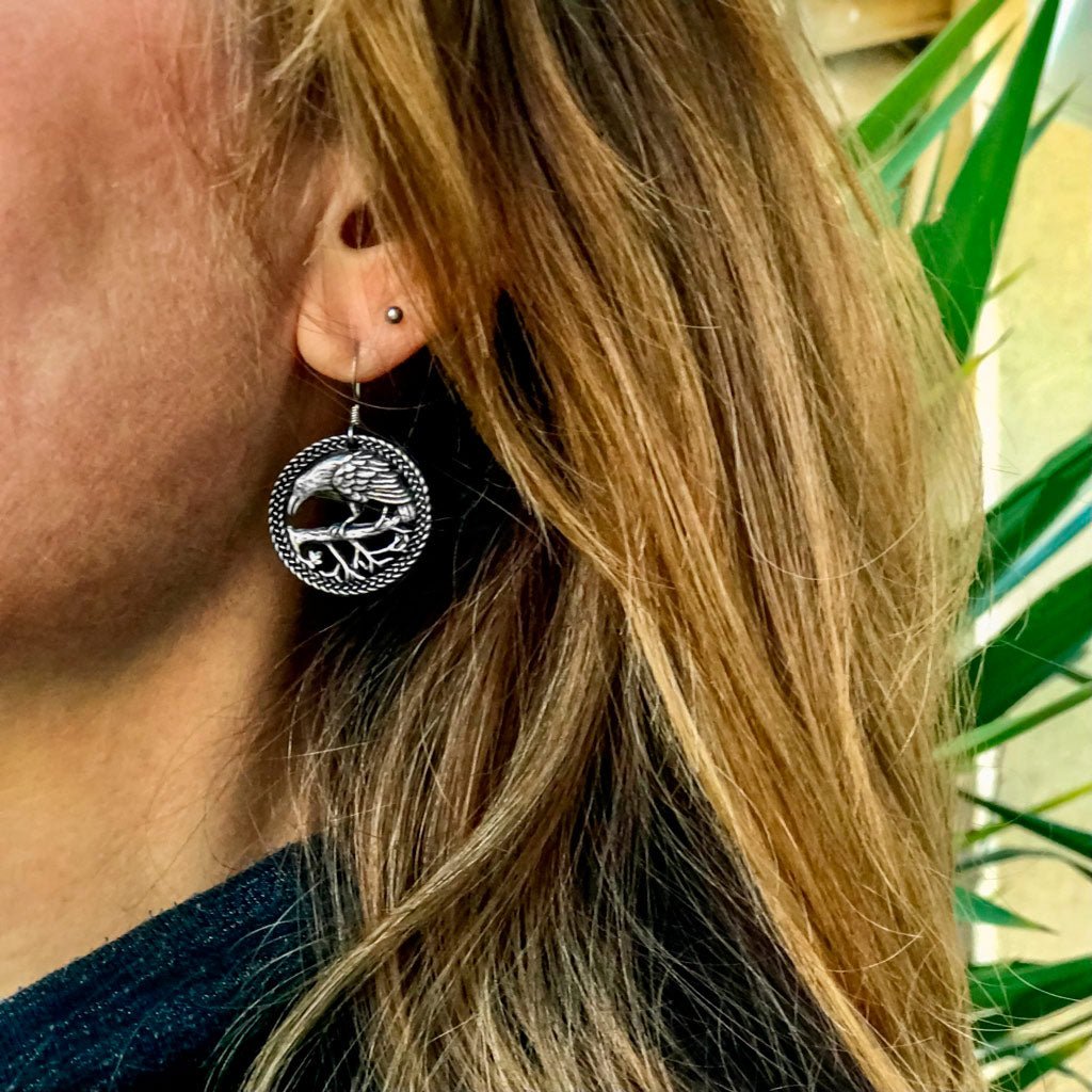 Oberon Design Britannia Metal Jewelry, Earrings, Raven, Model