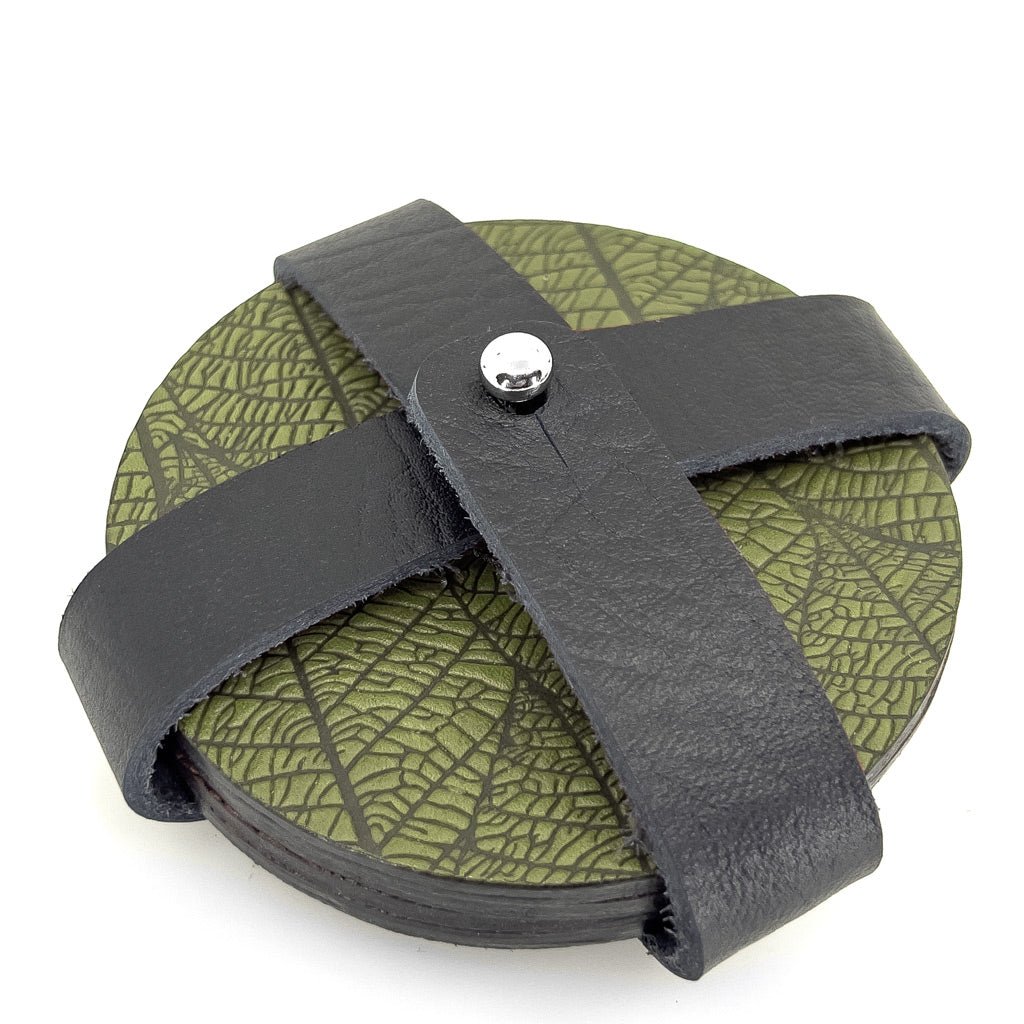 Oberon Design Premium Leather Coasters in Strap Holder, Fern