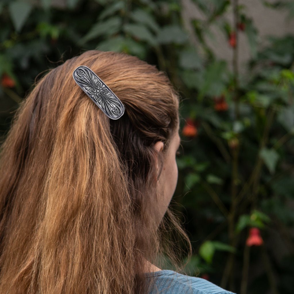 Oberon Design Hair Clip, Barrette, Hair Accessory, Scroll, Model