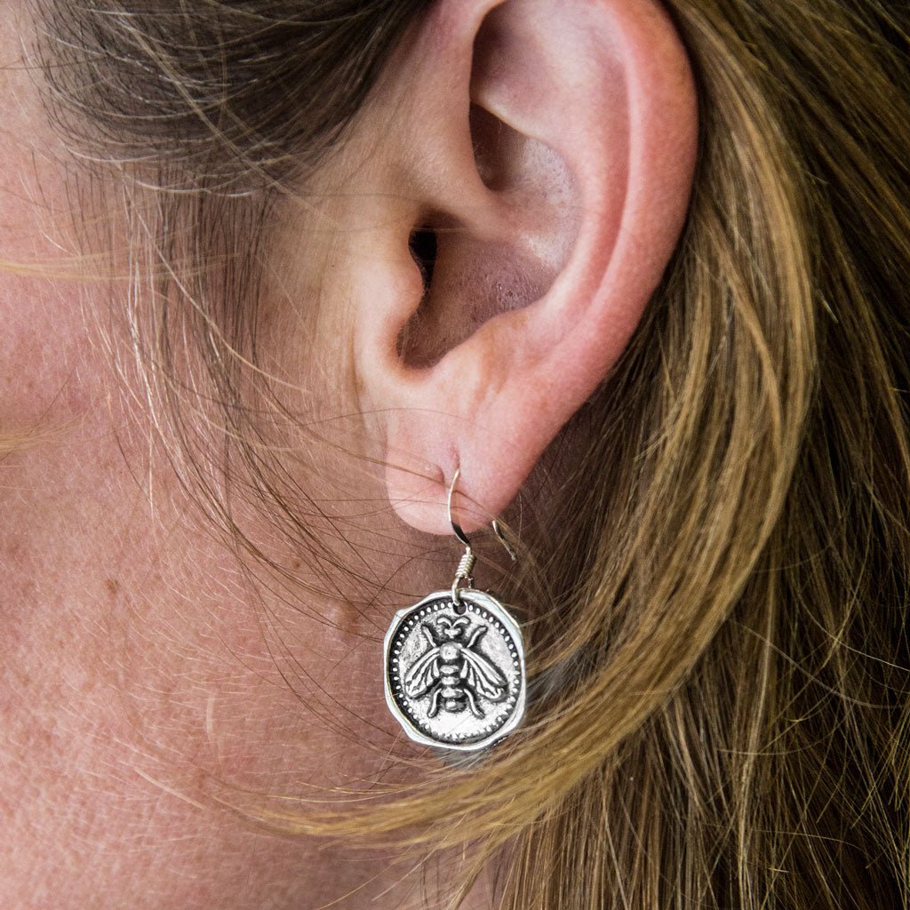 Oberon Design Britannia Metal Jewelry, Earrings, Honey Bee, Model