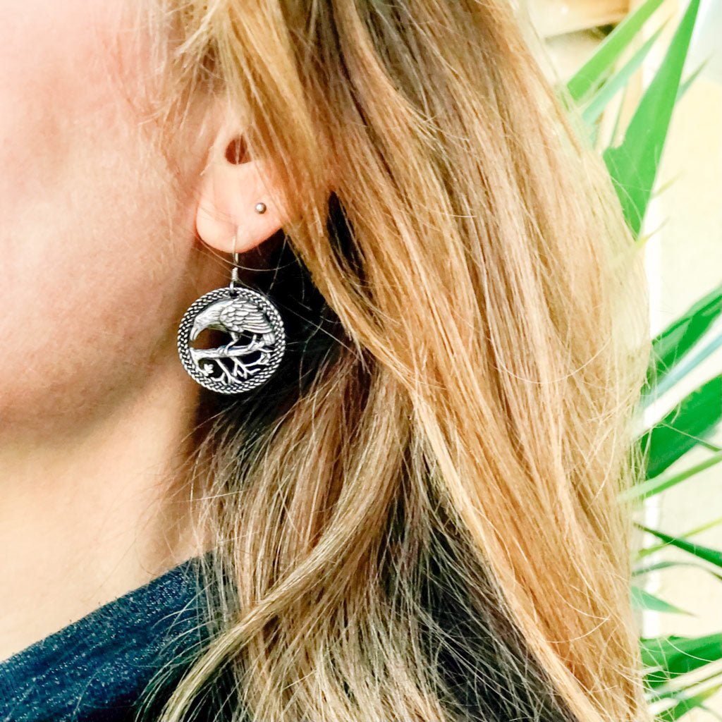 Oberon Design Hand Cast Jewelry Set, Raven Earrings, Model