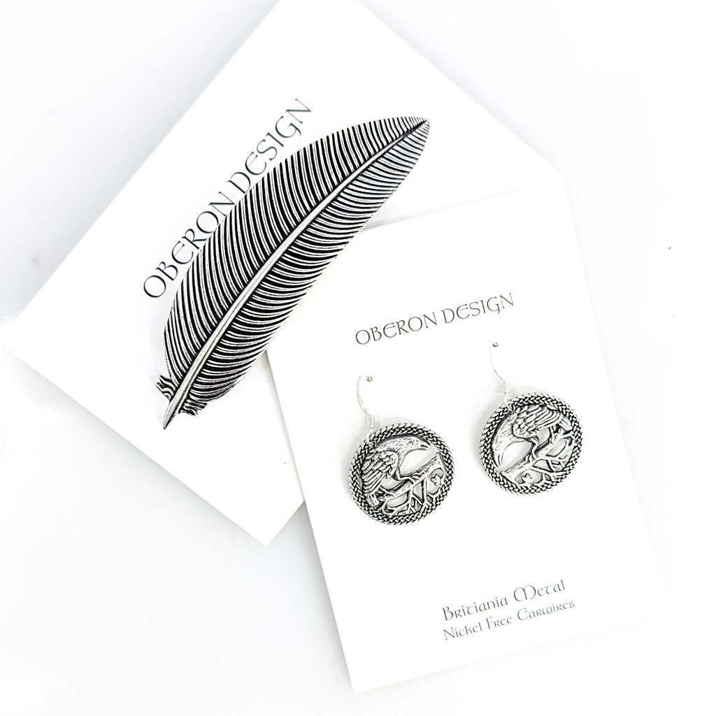Oberon Design Hand Cast Jewelry Set, Raven Hair Clip and Earrings, Cards