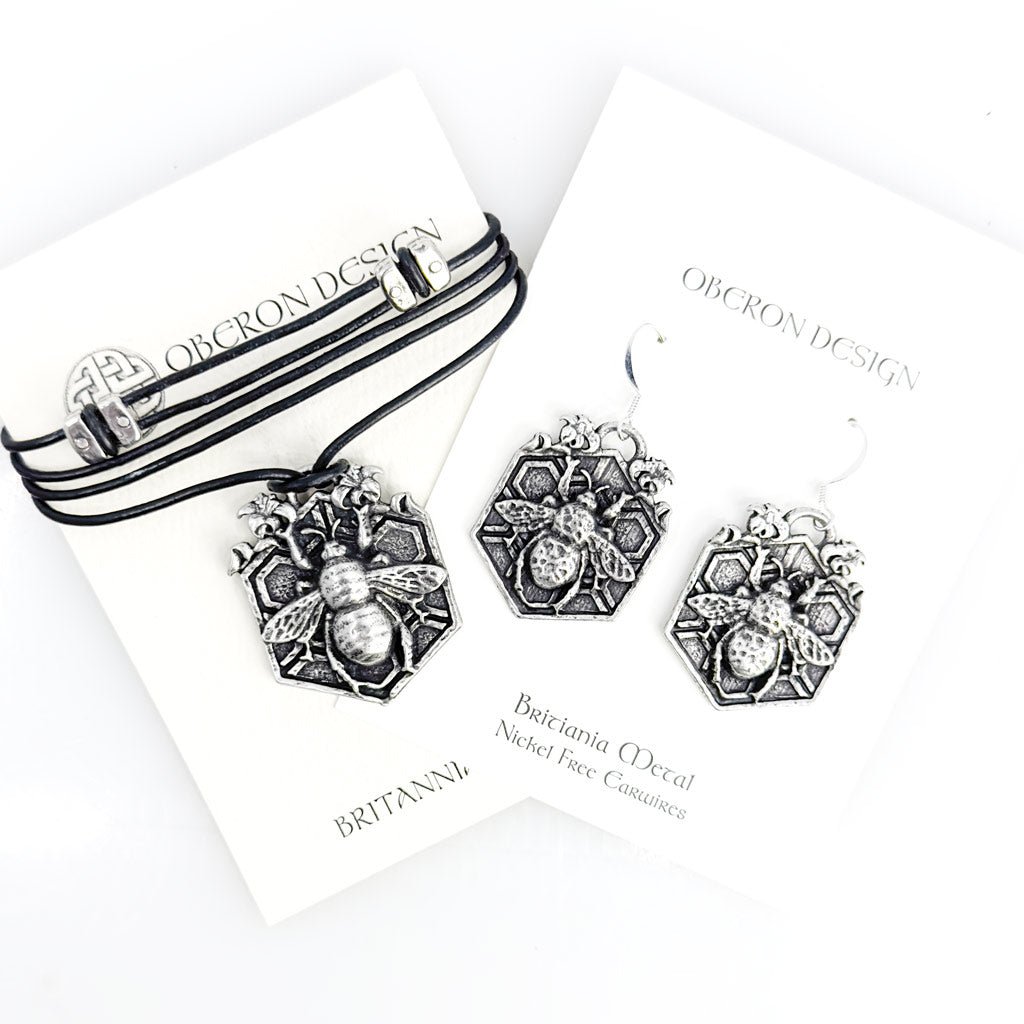 Oberon Design Hand-Cast Jewelry Set, Bee Garden Necklace & Earrings, Cards