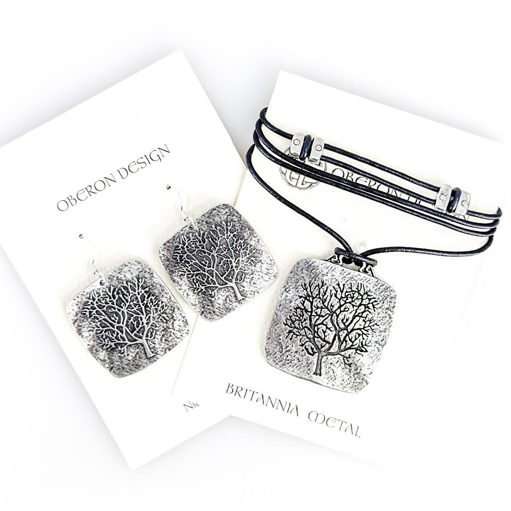 Oberon Design Jewelry Set, Rune Tree Necklace & Earrings, Cards