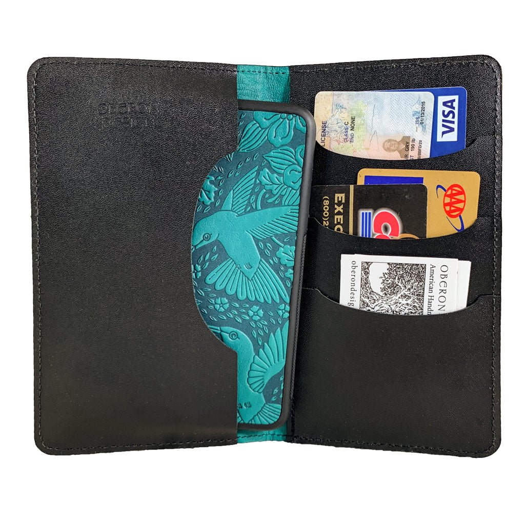 Oberon Design Large Leather Smartphone Wallet, Hummingbirds, Teal Interior with Phone & Cards