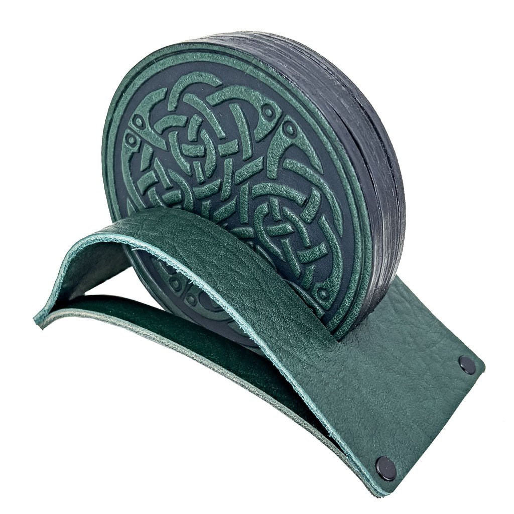 Premium Leather Coasters in a Stand Holder, Celtic Fish Knot, Green