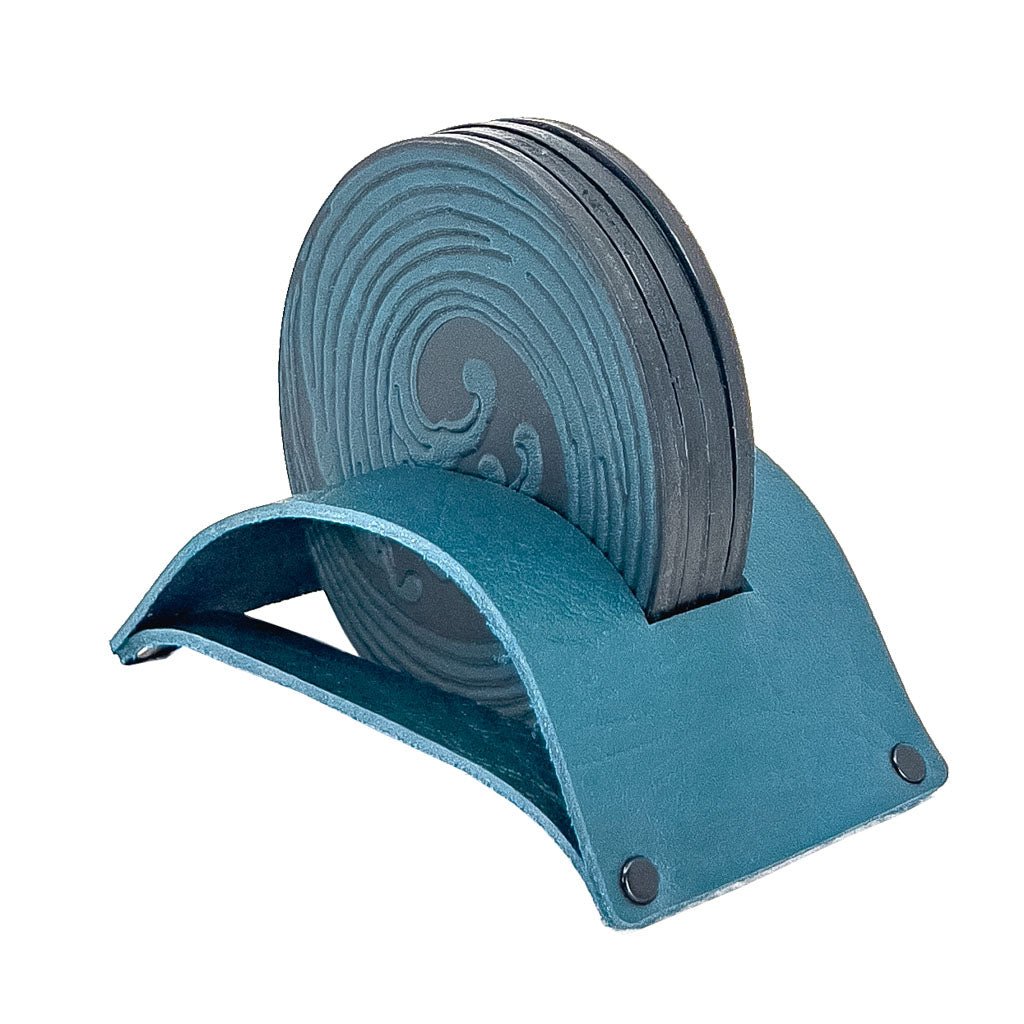 Premium Leather Coasters, Wave, Handmade in The USA, Set of 4, Blue, In Stand Holder