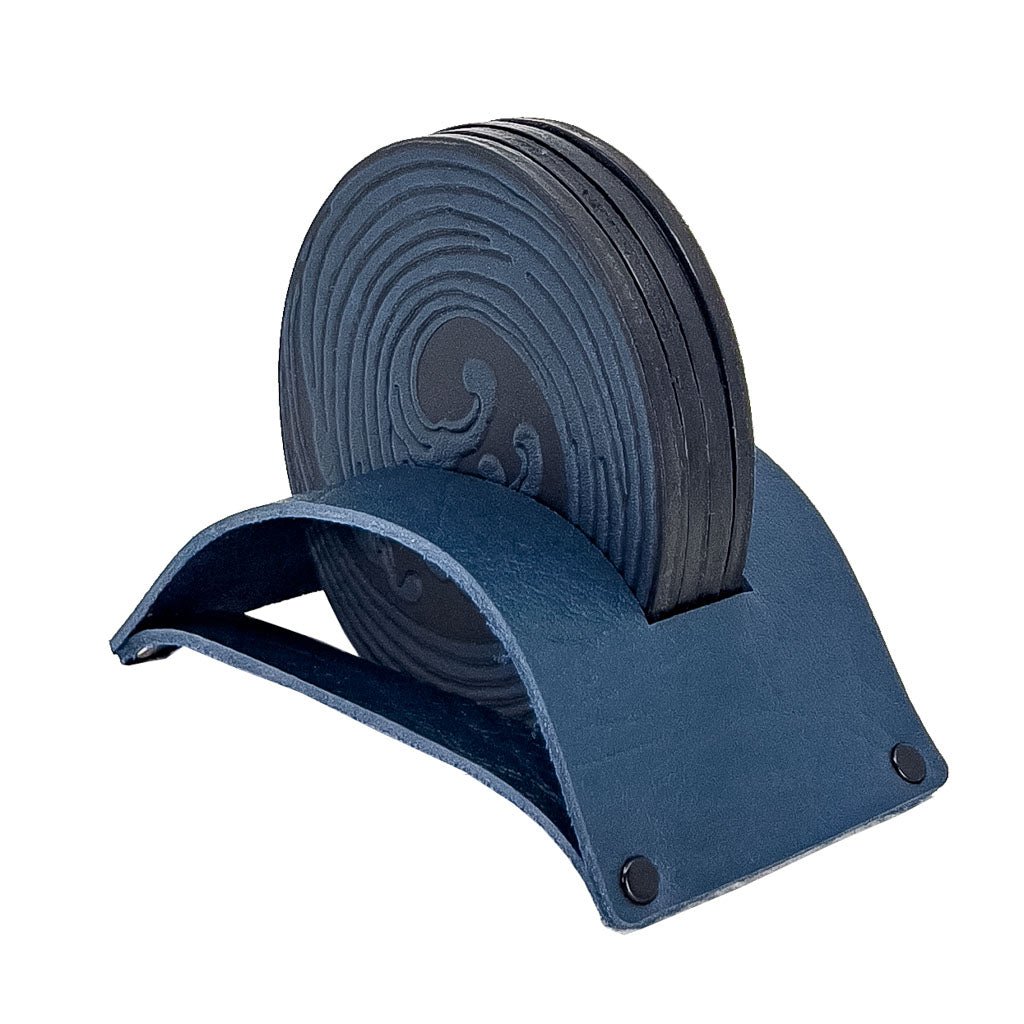 Premium Leather Coasters, Wave, Handmade in The USA, Set of 4, Navy in Stand Holder
