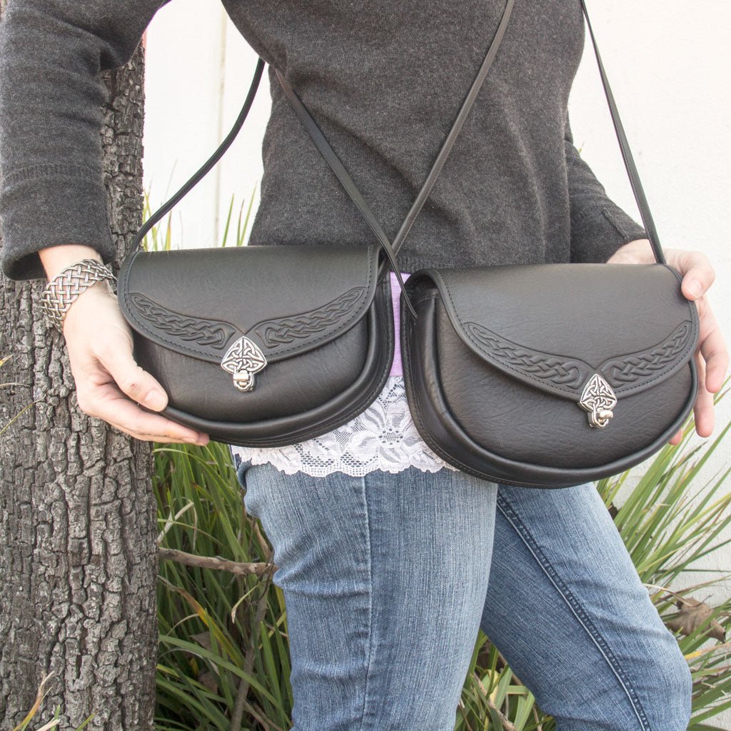Oberon Design Leather Women's Crossbody Handbag, Black Celtic Lilah, Two Sizes