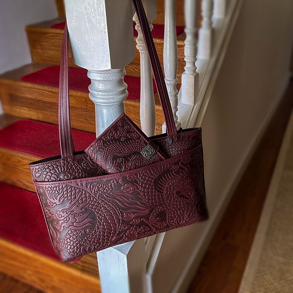 Oberon Design Leather Women's Handbag, Cloud Dragon Streamline, Wine, Hanging
