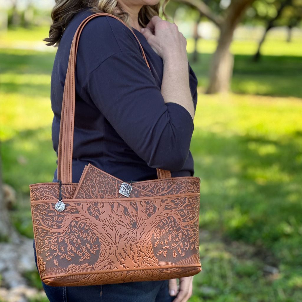 Oberon Design Leather Women's Handbag, Tree of Life Streamline, Model with Wallet