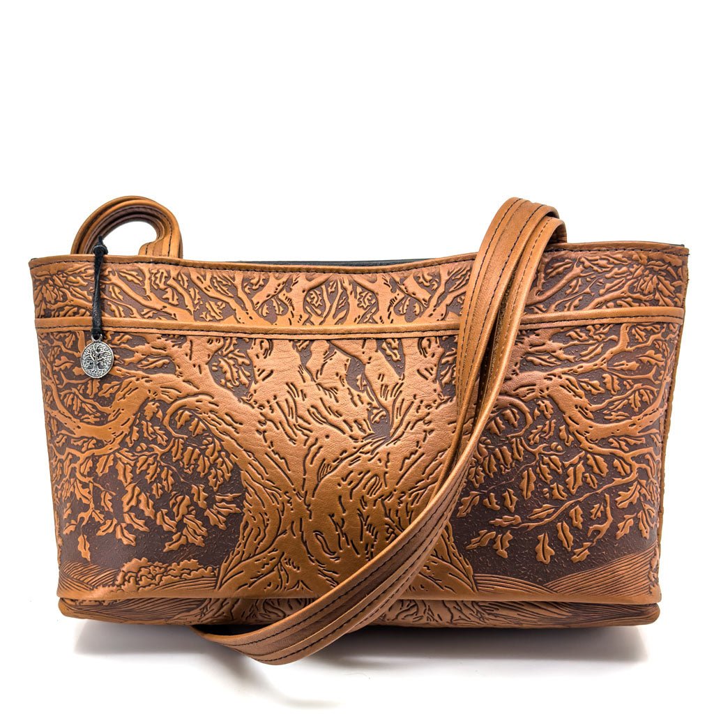 Oberon Design Leather Women's Handbag, Tree of Life Streamline, Saddle with Pocket