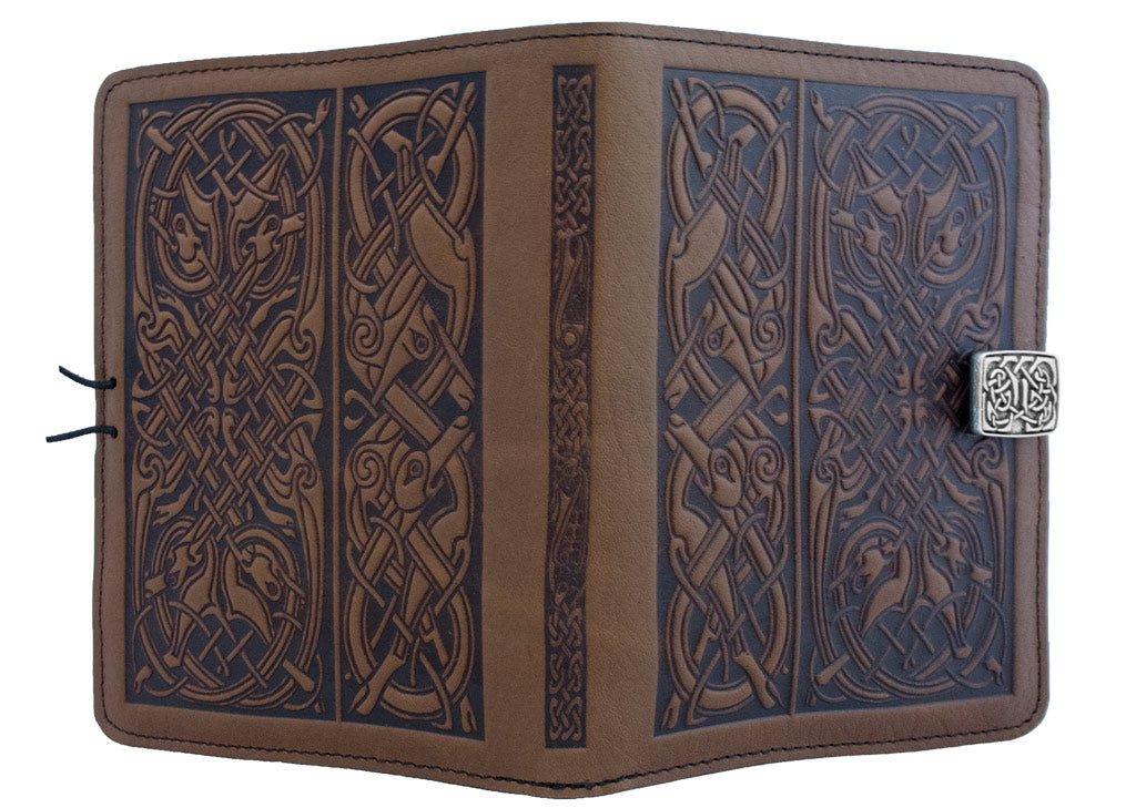 Genuine leather cover, case for Kindle e-Readers, Celtic Hounds, Chocolate - Open