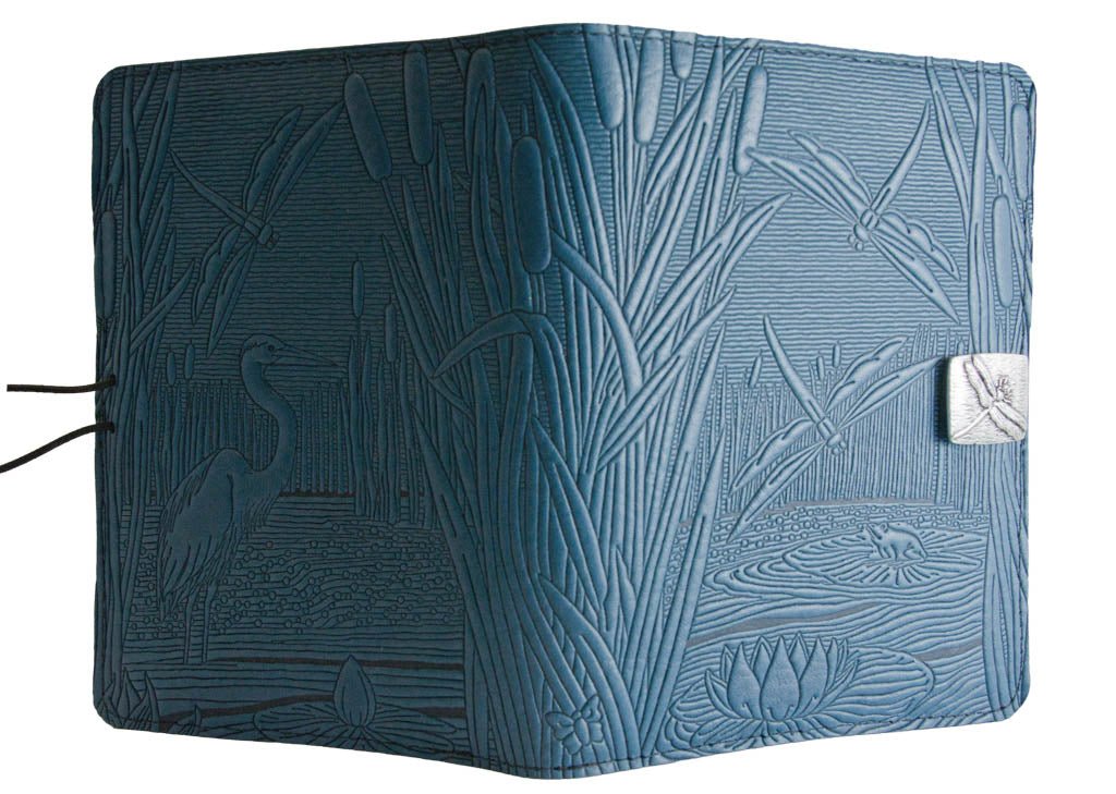 Genuine leather cover, case for Kindle e-Readers, Dragonfly Pond, Blue - Open