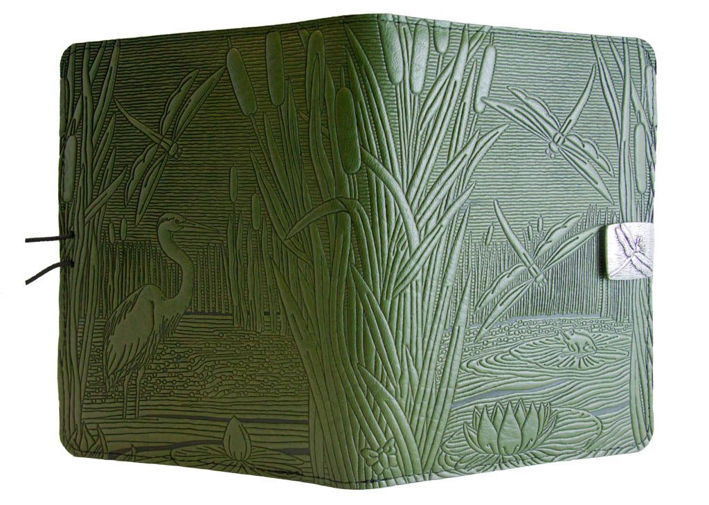 Genuine leather cover, case for Kindle e-Readers, Dragonfly Pond, Fern - Open