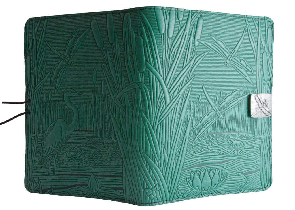 Genuine leather cover, case for Kindle e-Readers, Dragonfly Pond, Teal - Open