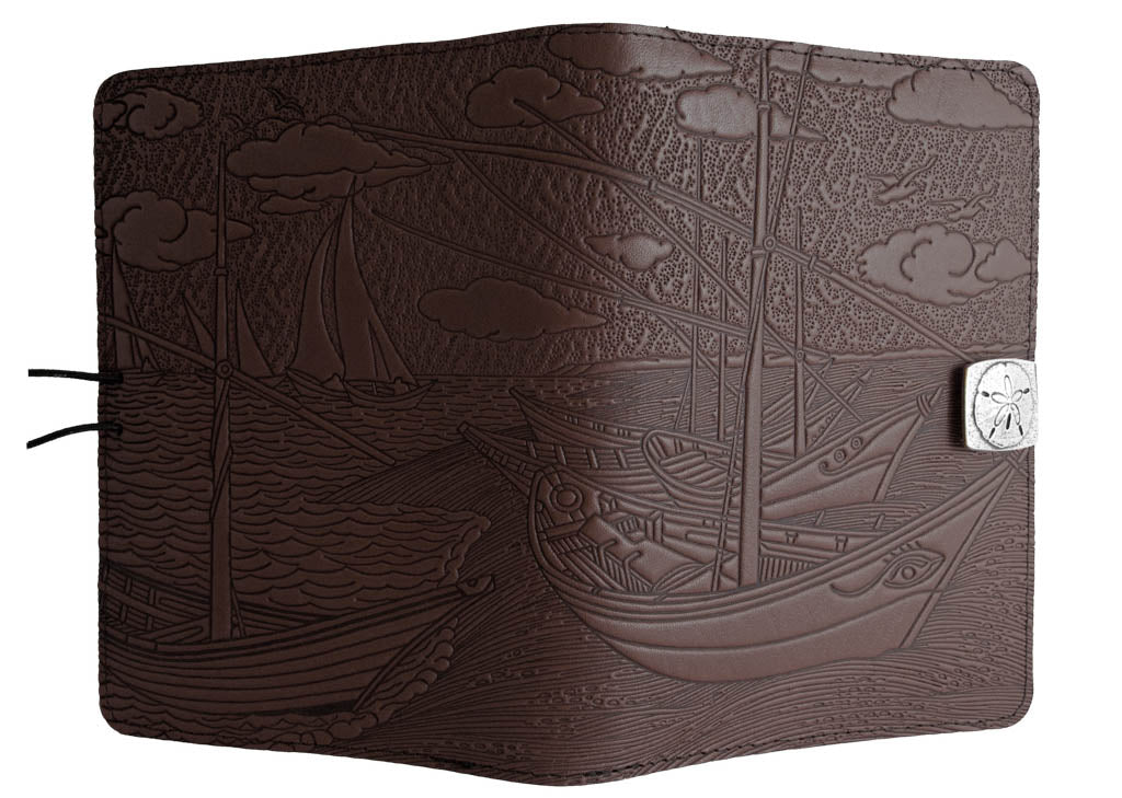 Genuine leather cover, case for Kindle e-Readers, Van Gogh Boats, Chocolate - Open