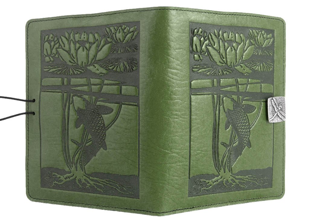 Genuine leather cover, case for Kindle e-Readers, Water Lily Koi, Fern - Open