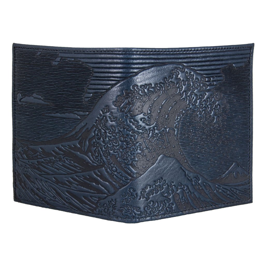 Oberon Design Genuine Leather Traveler Passport Wallet, Hokusai Wave, Navy - Open
