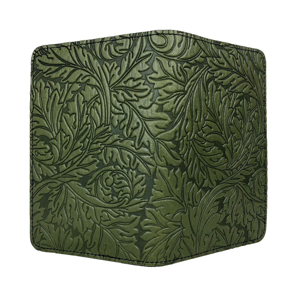 Oberon Design Acanthus Leaf Refillable Leather Pocket Notebook Cover, Fern - Open