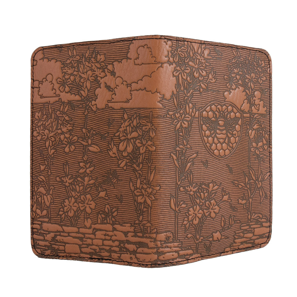 Oberon Design Bee Garden Refillable Leather Pocket Notebook Cover, Saddle - Open