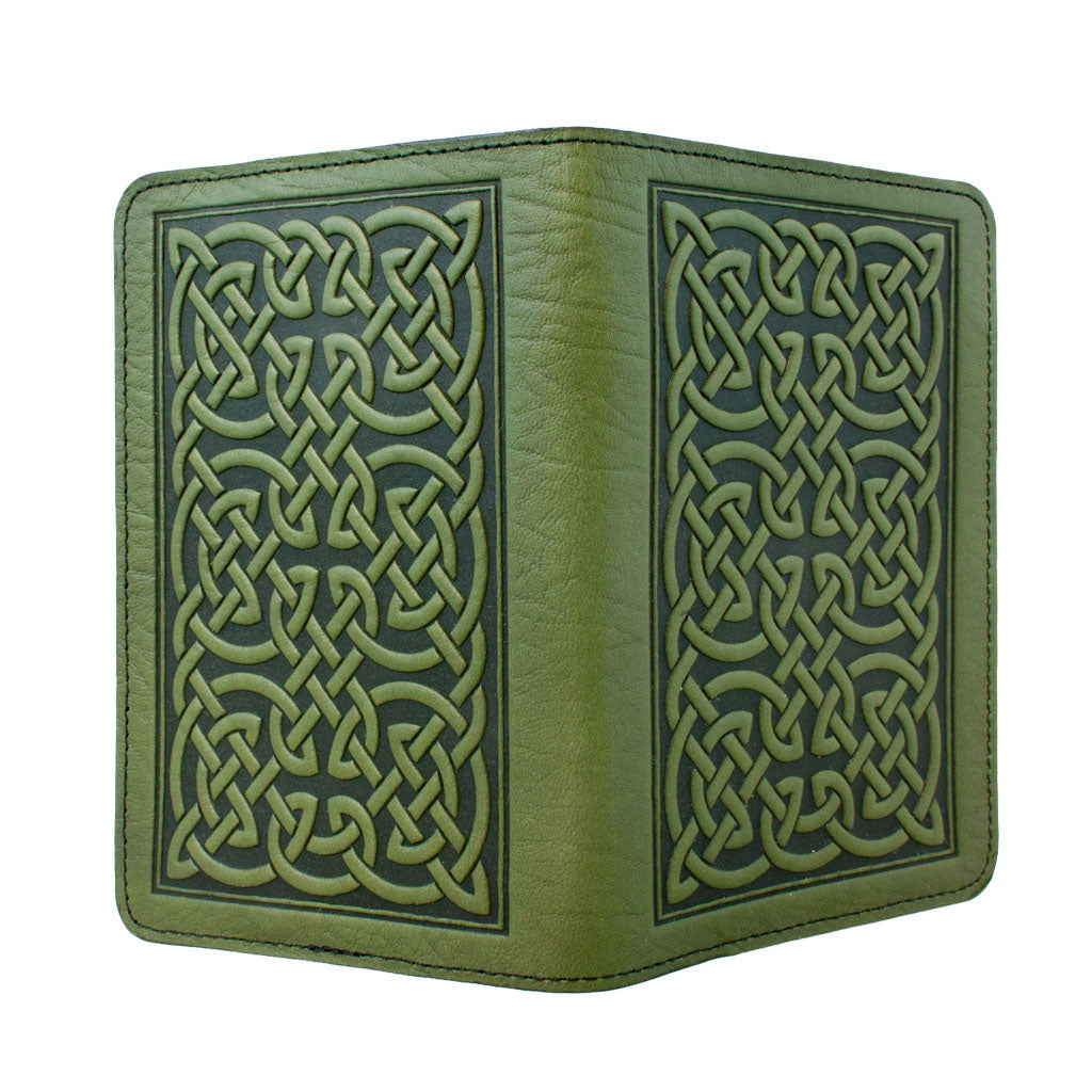 Oberon Design Bold Celtic Refillable Leather Pocket Notebook Cover, Fern - Open