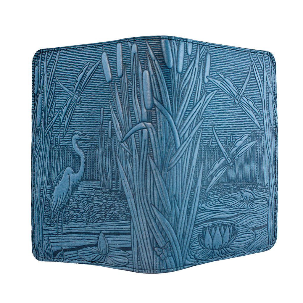 Oberon Design Refillable Leather Pocket Notebook Cover, Dragonfly Pond, Blue - Open