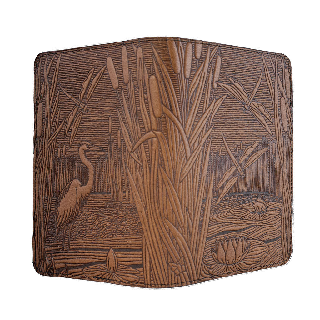 Oberon Design Refillable Leather Pocket Notebook Cover, Dragonfly Pond, Saddle - Open