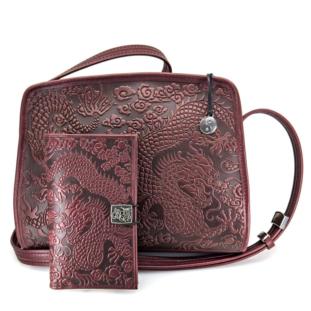 Oberon Design Leather Women's Handbag, Cloud Dragon Retro Crossbody with Matching Wallet