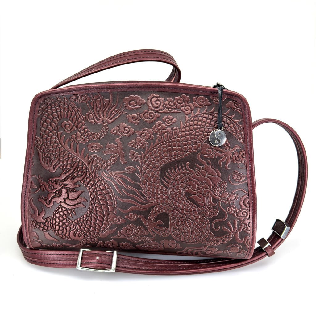 Oberon Design Leather Women's Handbag, Cloud Dragon Retro Crossbody, WIne